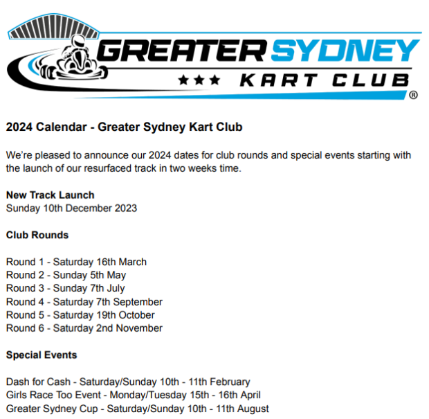 2024 Greater Sydney Kart Club Race Calendar Greater Sydney Kart Club